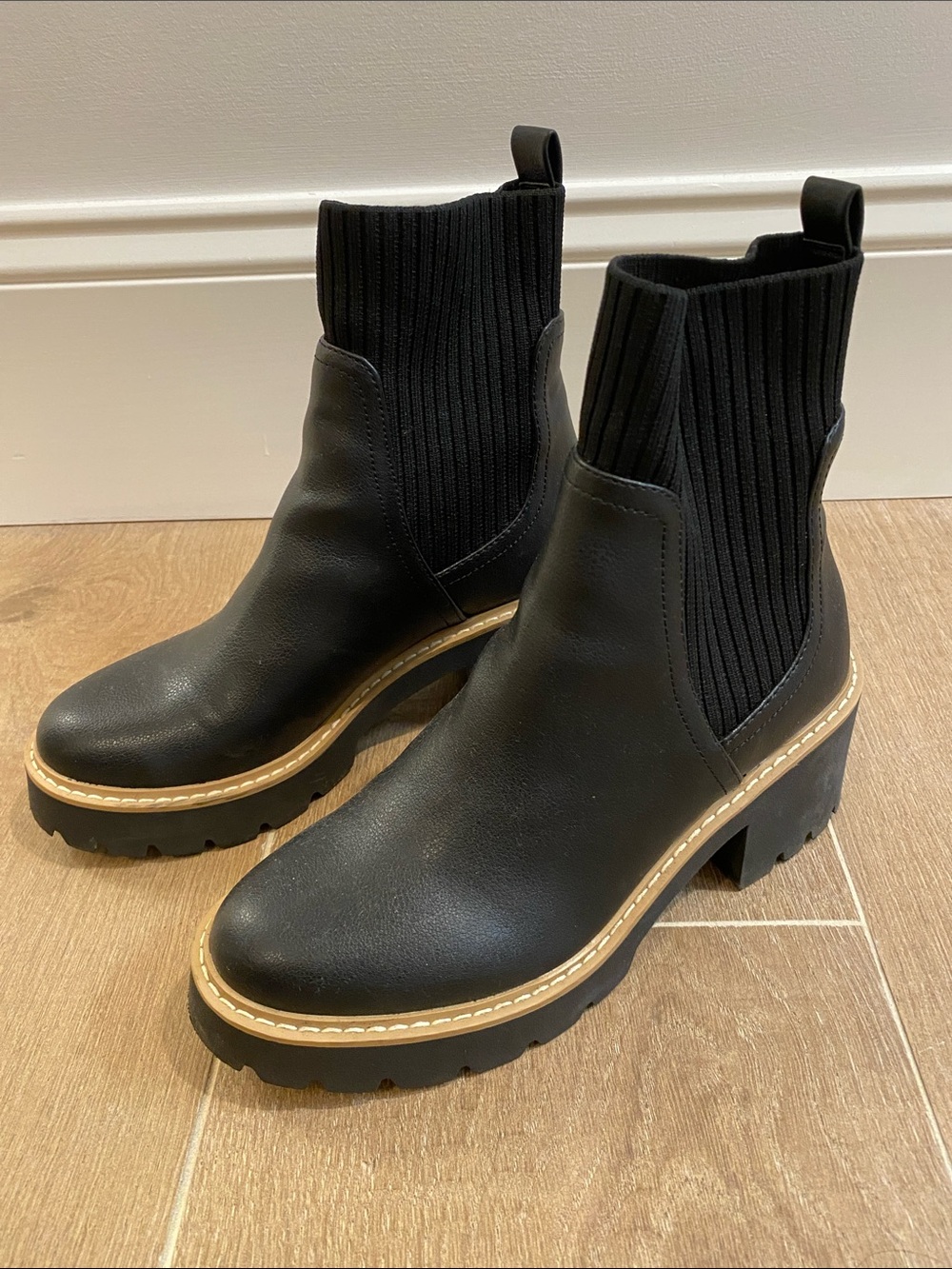 Dolce Vita Black Rib-Knit Chelsea Lug Booties with Tan Welt